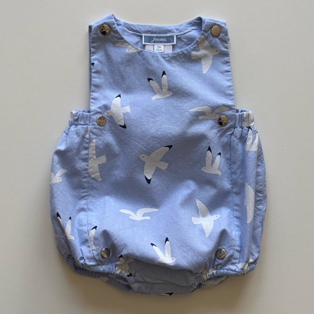 Jacadi Boys Light Blue Seagull Print Bubble Romper - Size 3M